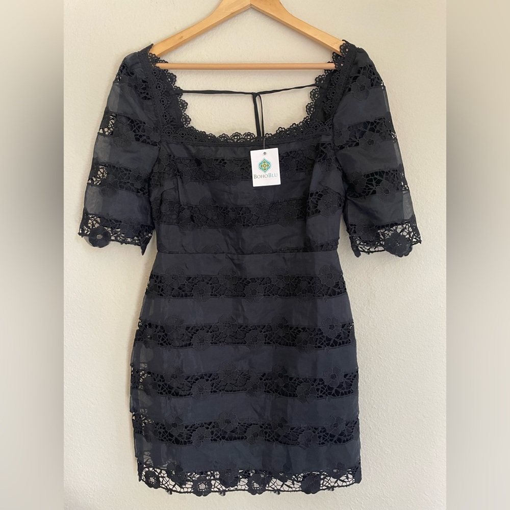 Black Floral Lace Mini Dress Size M Square Neck Puff Sleeve NWT